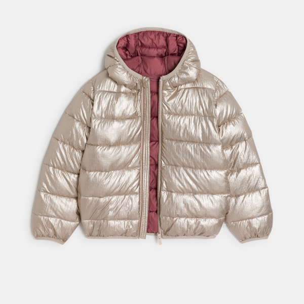 سترة منفوخة بغطاء رأس لامعة ذهبية اللون للفتيات سترة منفوخة بغطاء رأس لامعة ذهبية اللون للفتيات