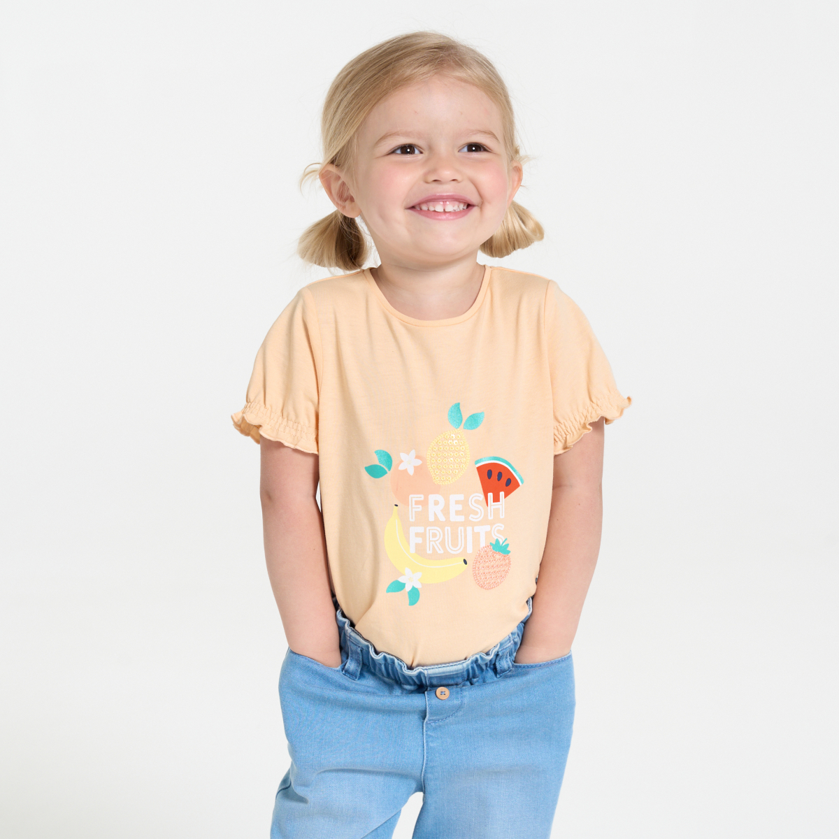 تيشيرت مطرز بالترتر باللون البرتقالي للفتيات الصغيرات تيشيرت مطرز بالترتر باللون البرتقالي للفتيات الصغيرات