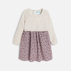 فستان باللون البيج، للفتيات الصغيرات، من نسيجين التريكو والمُخمل، مُزيَّن برسمة الفهد