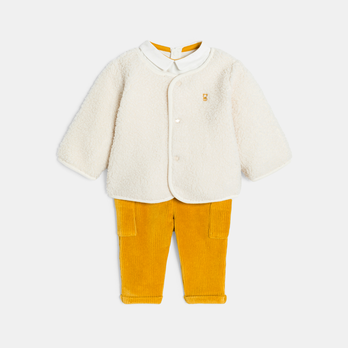 سترة جيليه من نسيج صوف الشيربا وبنطلون)سروال( من المخمل وقميص بودي أصفر للصبيان حديثي الولادة سترة جيليه من نسيج صوف الشيربا وبنطلون)سروال( من المخمل وقميص بودي أصفر للصبيان حديثي الولادة