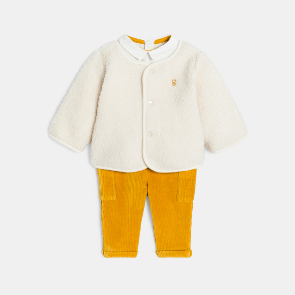 سترة جيليه من نسيج صوف الشيربا وبنطلون)سروال( من المخمل وقميص بودي أصفر للصبيان حديثي الولادة سترة جيليه من نسيج صوف الشيربا وبنطلون)سروال( من المخمل وقميص بودي أصفر للصبيان حديثي الولادة