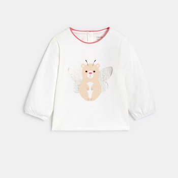 تيشيرت بأكمام طويلة برسمة حيوانات باللون الأبيض للفتيات الصغيرات