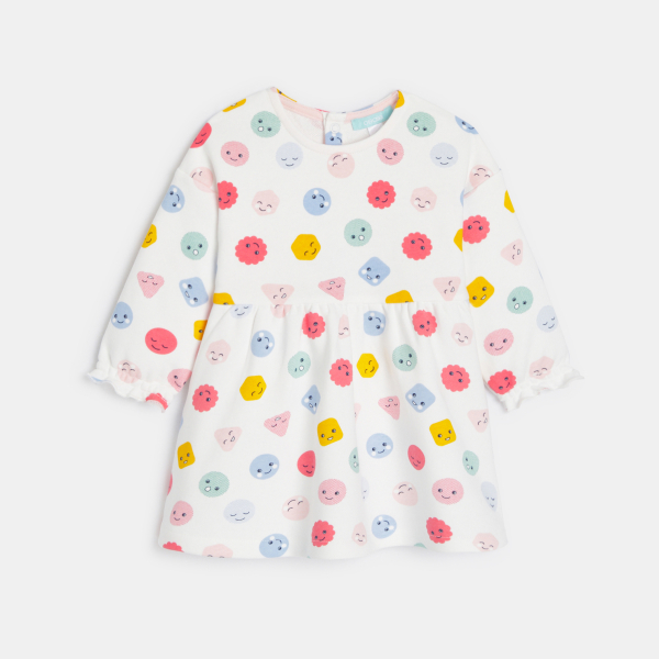 فستان ميلتون خفيف عليه صور لبعض المشاعر، أبيض اللون، للطفلة الصغيرة فستان ميلتون خفيف عليه صور لبعض المشاعر، أبيض اللون، للطفلة الصغيرة