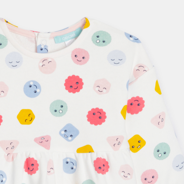 فستان ميلتون خفيف عليه صور لبعض المشاعر، أبيض اللون، للطفلة الصغيرة فستان ميلتون خفيف عليه صور لبعض المشاعر، أبيض اللون، للطفلة الصغيرة