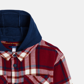 قميص فوقي مربعات، بغطاء رأس، أحمر اللون للأولاد