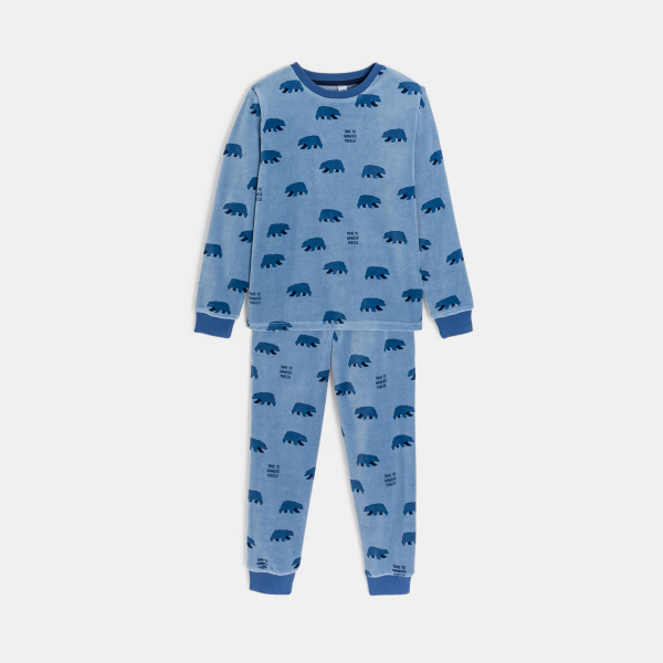 بيجاما من قطعتين، من المخمل وباللون الأزرق، مُزينة برسمة دب، للفتيان بيجاما من قطعتين، من المخمل وباللون الأزرق، مُزينة برسمة دب، للفتيان
