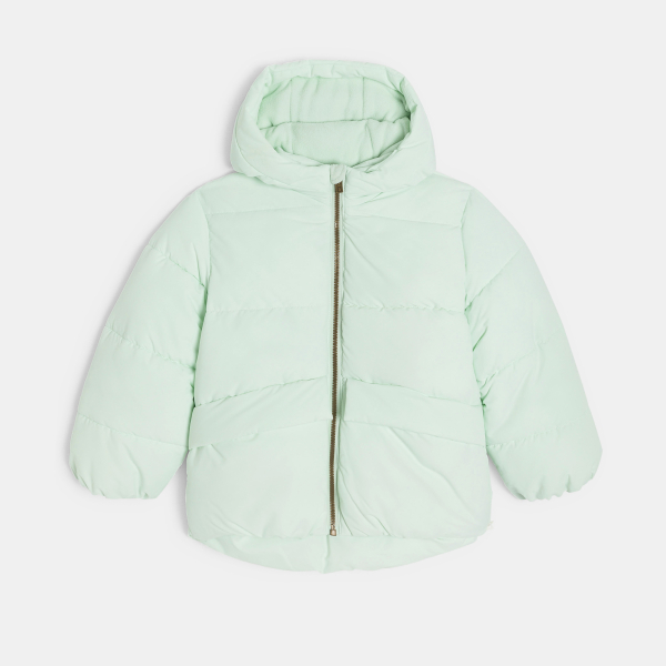 معطف منفوخ بغطاء رأس، مُبطن بصوف وبري، باللون الأخضر الباستيل للفتيات معطف منفوخ بغطاء رأس، مُبطن بصوف وبري، باللون الأخضر الباستيل للفتيات