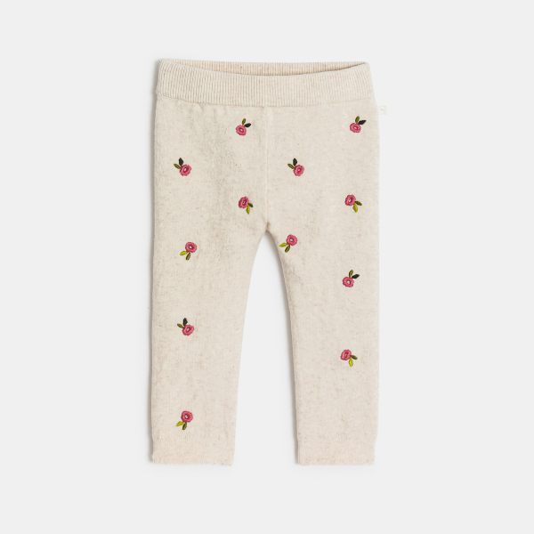 Legging tricot chiné blanc fleurs bébé fille Legging tricot chiné blanc fleurs bébé fille