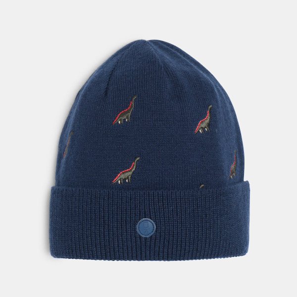 قبعة من التريكو مطرزة برسمة ديناصور باللون الأزرق البحري للأولاد. قبعة من التريكو مطرزة برسمة ديناصور باللون الأزرق البحري للأولاد.