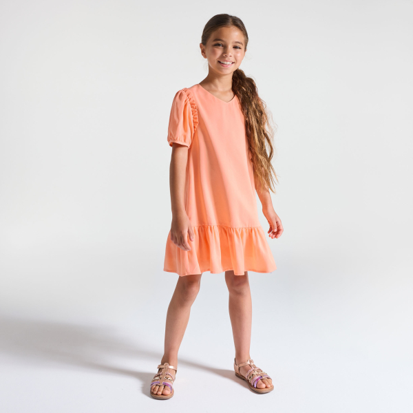 Robe unie à volants orange pastel Fille Robe unie à volants orange pastel Fille