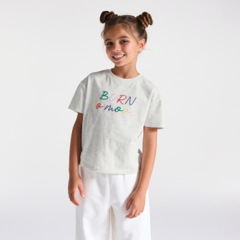 تيشيرت رمادي مرقط للفتيات مطبوع عليه رسالة