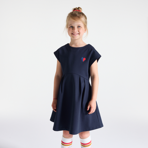 فستان بأكمام قصيرة أزرق داكن مطرز عليه قلب، للفتيات  فستان بأكمام قصيرة أزرق داكن مطرز عليه قلب، للفتيات