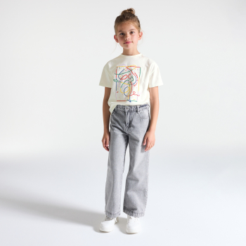 تيشيرت مزين برسالة بأكمام قصيرة، باللون الأبيض للفتيات