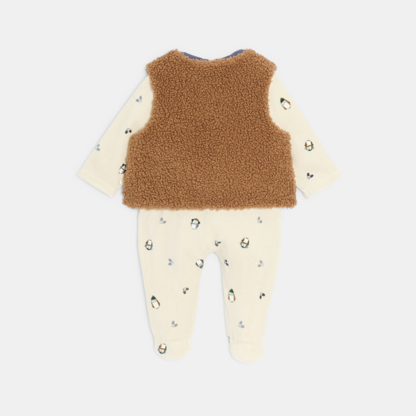 بدلة نوم مخملية، على شكل حيوان البطريق، وسترة جيليه من نسيج صوف الشيربا، باللون البني، للأطفال الصغار من الجنسين بدلة نوم مخملية، على شكل حيوان البطريق، وسترة جيليه من نسيج صوف الشيربا، باللون البني، للأطفال الصغار من الجنسين