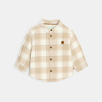 قميص فوقي مبطن بقماش الشيربا ومنمق بمربعات باللون البيج للأولاد الصغار