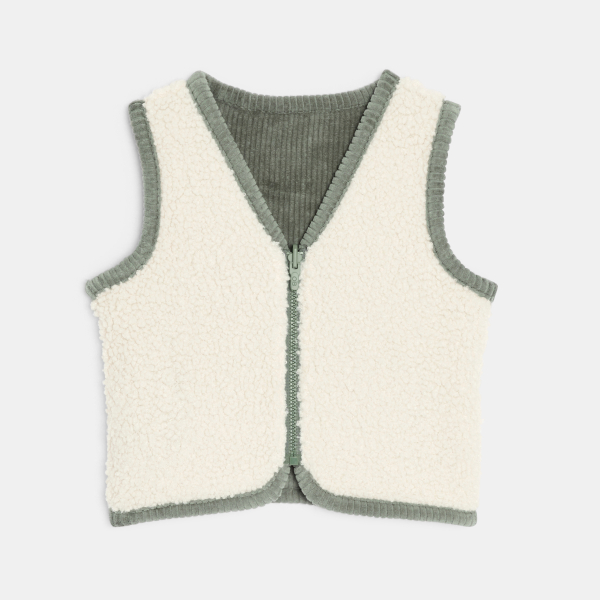 سترة بسحّاب بدون أكمام من المخمل والفرو الصناعي باللون الأخضر، للأطفال الصغار سترة بسحّاب بدون أكمام من المخمل والفرو الصناعي باللون الأخضر، للأطفال الصغار