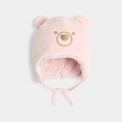 قبعة طراز بيرو صوف مبطنة وردية اللون عليها صور دب، للفتاة الصغيرة
