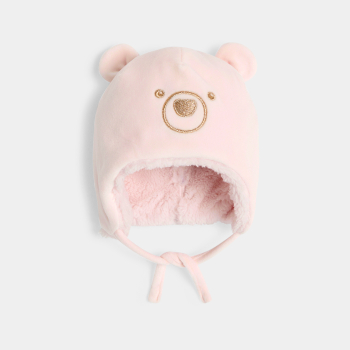 قبعة طراز بيرو صوف مبطنة وردية اللون عليها صور دب، للفتاة الصغيرة