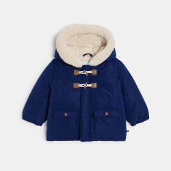 معطف بغطاء رأس مبطن بصوف الشيربا أزرق اللون، للطفل الصغير