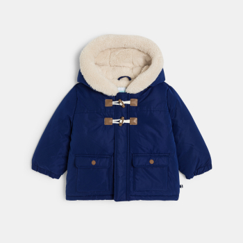 معطف بغطاء رأس مبطن بصوف الشيربا أزرق اللون، للطفل الصغير