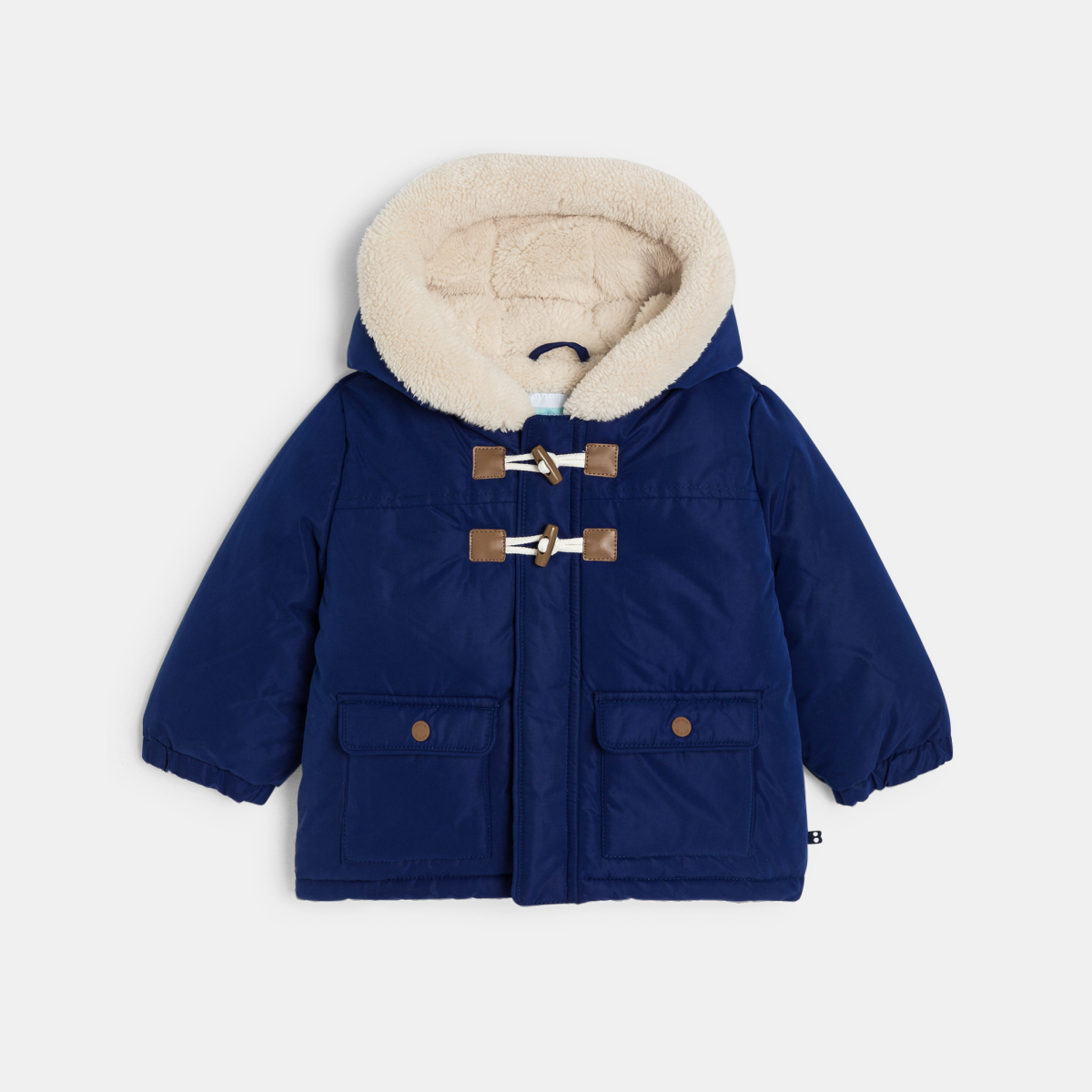 معطف بغطاء رأس مبطن بصوف الشيربا أزرق اللون، للطفل الصغير معطف بغطاء رأس مبطن بصوف الشيربا أزرق اللون، للطفل الصغير