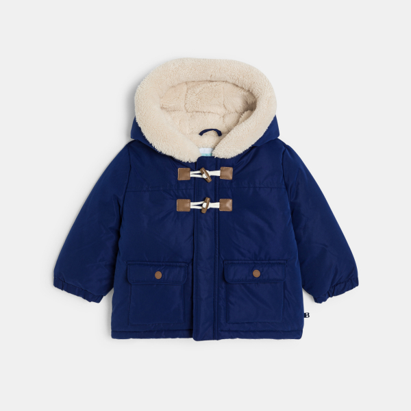 معطف بغطاء رأس مبطن بصوف الشيربا أزرق اللون، للطفل الصغير معطف بغطاء رأس مبطن بصوف الشيربا أزرق اللون، للطفل الصغير