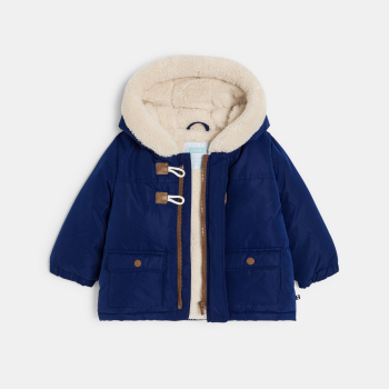 معطف بغطاء رأس مبطن بصوف الشيربا أزرق اللون، للطفل الصغير