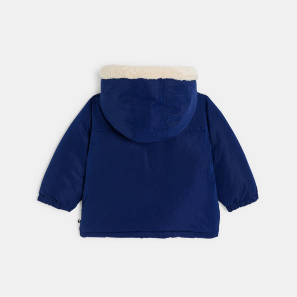 معطف بغطاء رأس مبطن بصوف الشيربا أزرق اللون، للطفل الصغير معطف بغطاء رأس مبطن بصوف الشيربا أزرق اللون، للطفل الصغير