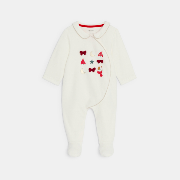 بذلة نوم من الثوب المخملي برسمة حيوانات، باللون الأبيض للفتيات الرضع. بذلة نوم من الثوب المخملي برسمة حيوانات، باللون الأبيض للفتيات الرضع.