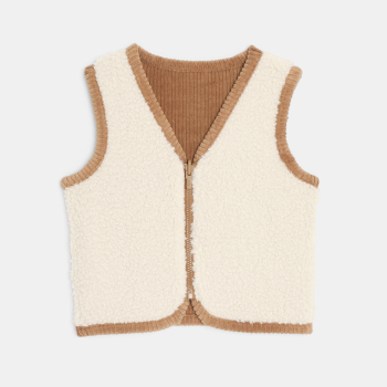 سترة بسحّاب بدون أكمام من المخمل والفرو الصناعي باللون البني، للأطفال الصغار