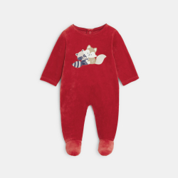 بدلة نوم مخملية باللون الأحمر مُزينة برسمة حيونات للأطفال الرُضع من الجنسين