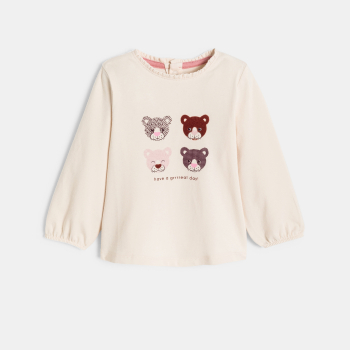 تيشيرت مزين برسوم حيوانات، باللون البيج للفتيات الصغيرات