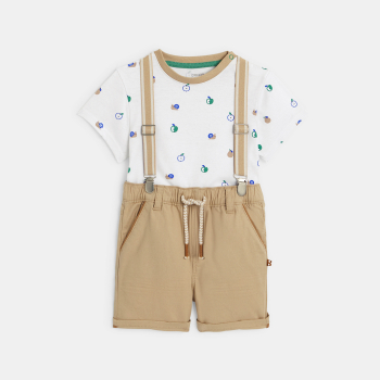 Bermuda à bretelles et t-shirt beige bébé garçon