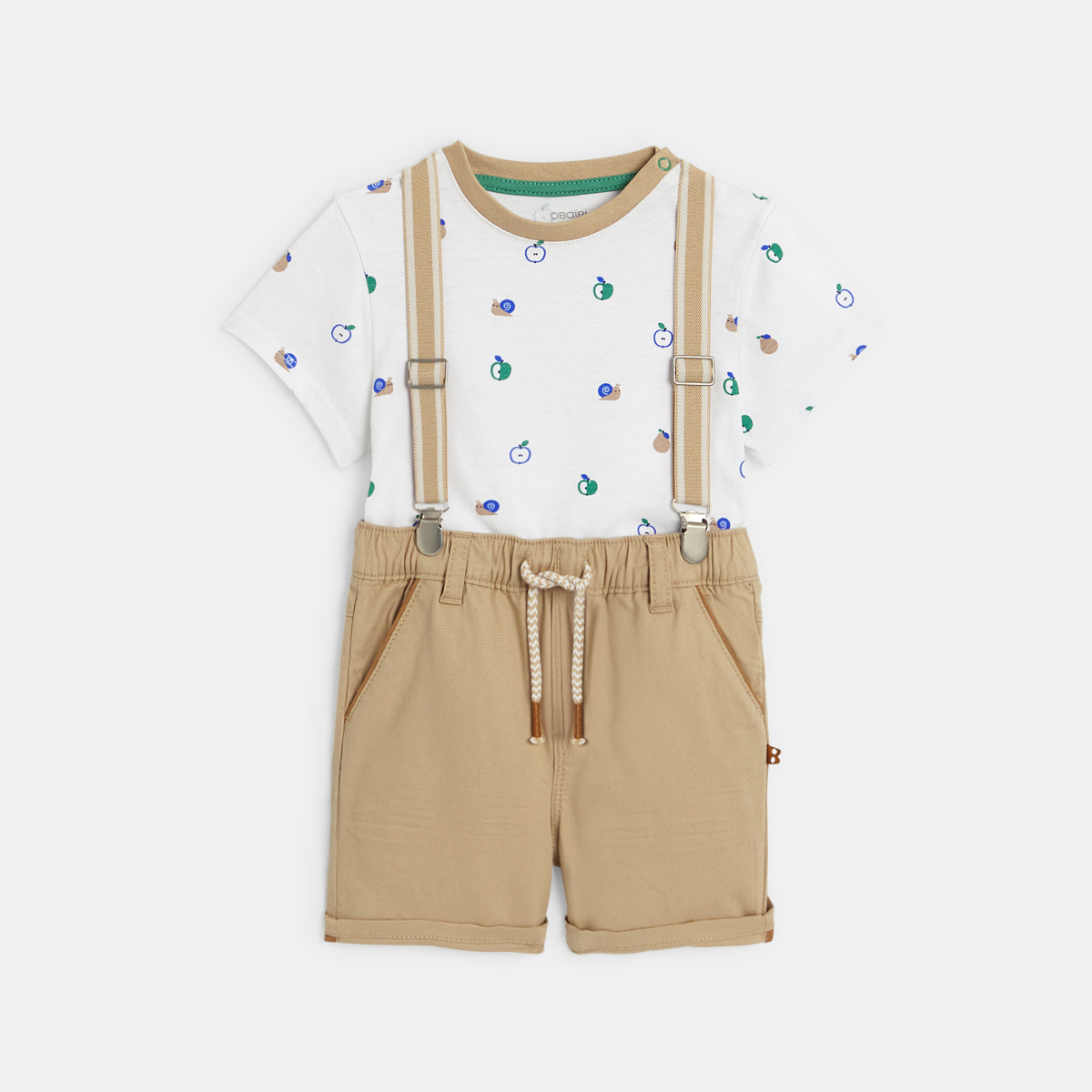 Bermuda à bretelles et t-shirt beige bébé garçon Bermuda à bretelles et t-shirt beige bébé garçon