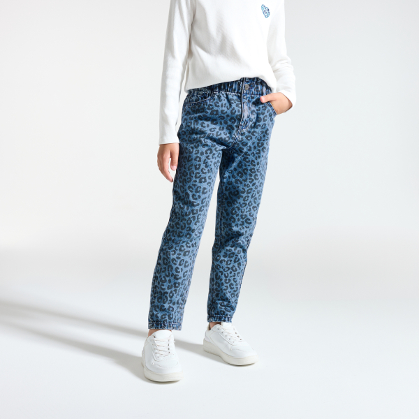 بنطلون جينز مطبوع عليه صورة فهد، أزرق اللون، للفتيات