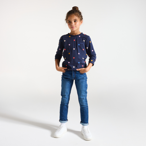 T-shirt fille bleu motifs colorés T-shirt fille bleu motifs colorés