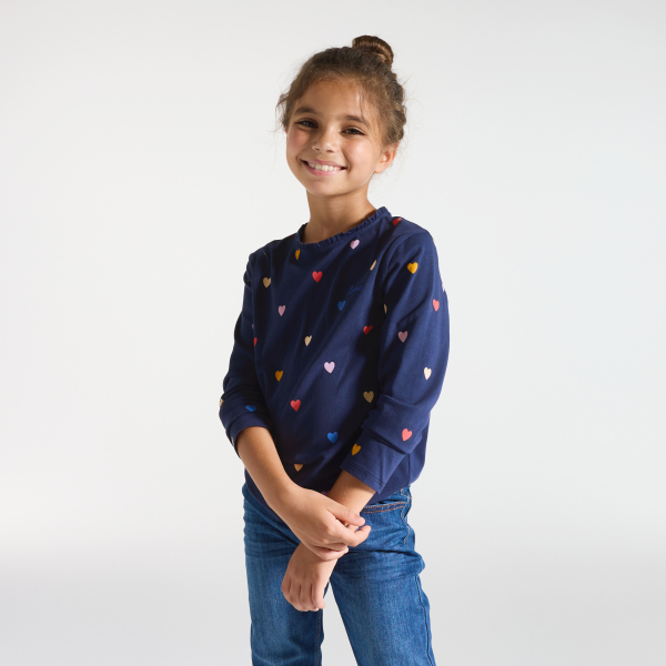 T-shirt fille bleu motifs colorés T-shirt fille bleu motifs colorés