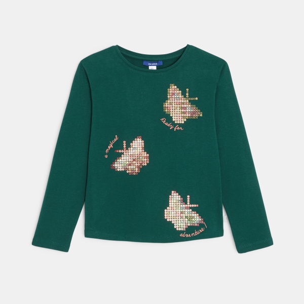 تي شيرت باللون الأخضر، بأكمام طويلة، ومُزين برسمة فراشات، للفتيات تي شيرت باللون الأخضر، بأكمام طويلة، ومُزين برسمة فراشات، للفتيات