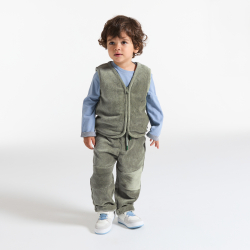 سترة بسحّاب بدون أكمام من المخمل والفرو الصناعي باللون الأخضر، للأطفال الصغار