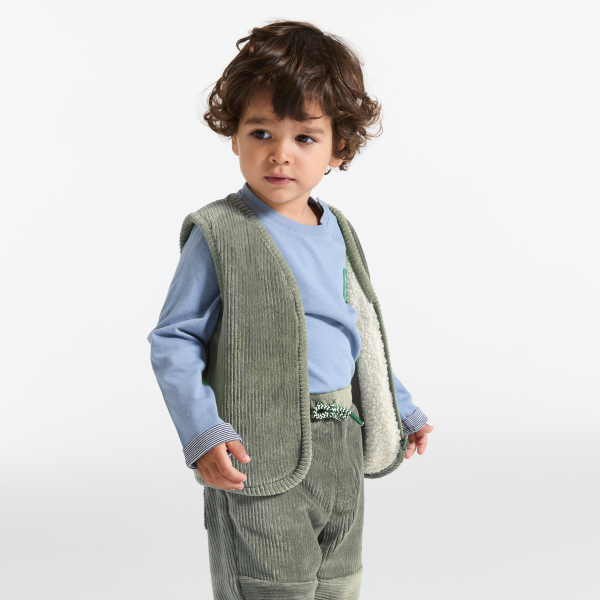 سترة بسحّاب بدون أكمام من المخمل والفرو الصناعي باللون الأخضر، للأطفال الصغار سترة بسحّاب بدون أكمام من المخمل والفرو الصناعي باللون الأخضر، للأطفال الصغار