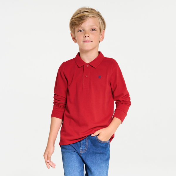 قميص بولو بأكمام طويلة من قماش الجيرسيه المضلع، أحمر اللون، للأولاد قميص بولو بأكمام طويلة من قماش الجيرسيه المضلع، أحمر اللون، للأولاد