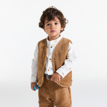 سترة بسحّاب بدون أكمام من المخمل والفرو الصناعي باللون البني، للأطفال الصغار