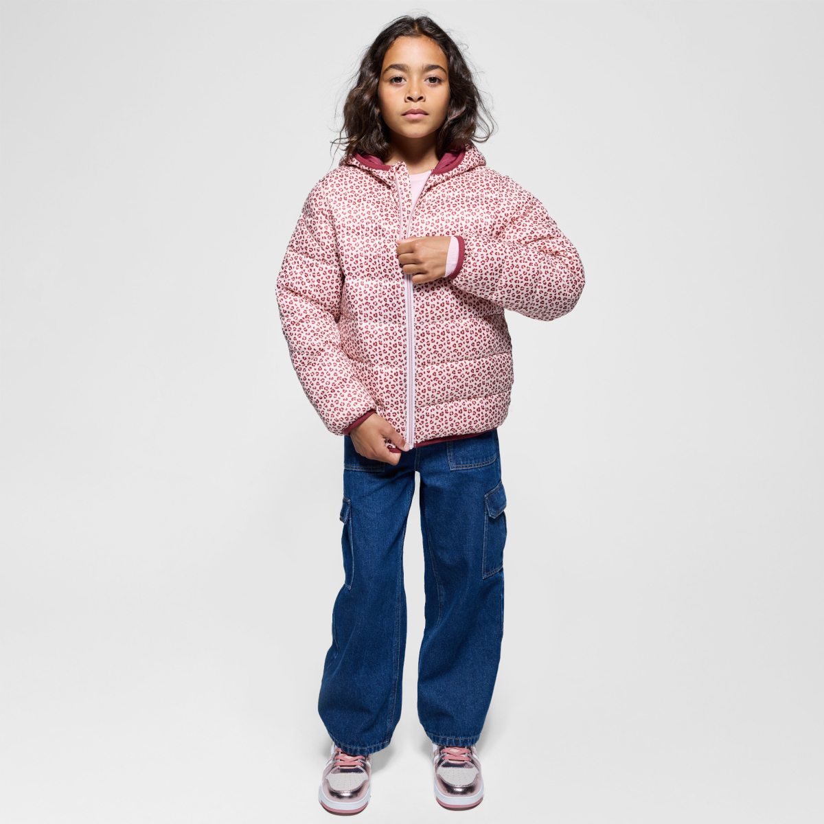 Doudoune à capuche imprimé léopard rose Fille Doudoune à capuche imprimé léopard rose Fille