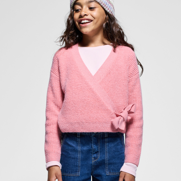 بلوفر خفيف من قماش التريكو المضلع، اللون وردي للفتيات بلوفر خفيف من قماش التريكو المضلع، اللون وردي للفتيات