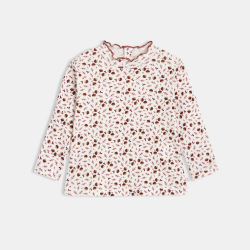 تيشرت للفتيات الصغار، باللون البني، نسيج مُضلع وياقة مموجة