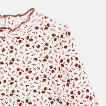 تيشرت للفتيات الصغار، باللون البني، نسيج مُضلع وياقة مموجة