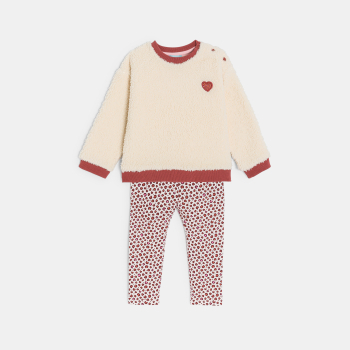 سويت شيرت بصوف الشيربا مع بنطلون (سروال) لاغينغ من الجيرسيه المطبوع وباللون البيج، للفتيات الصغار