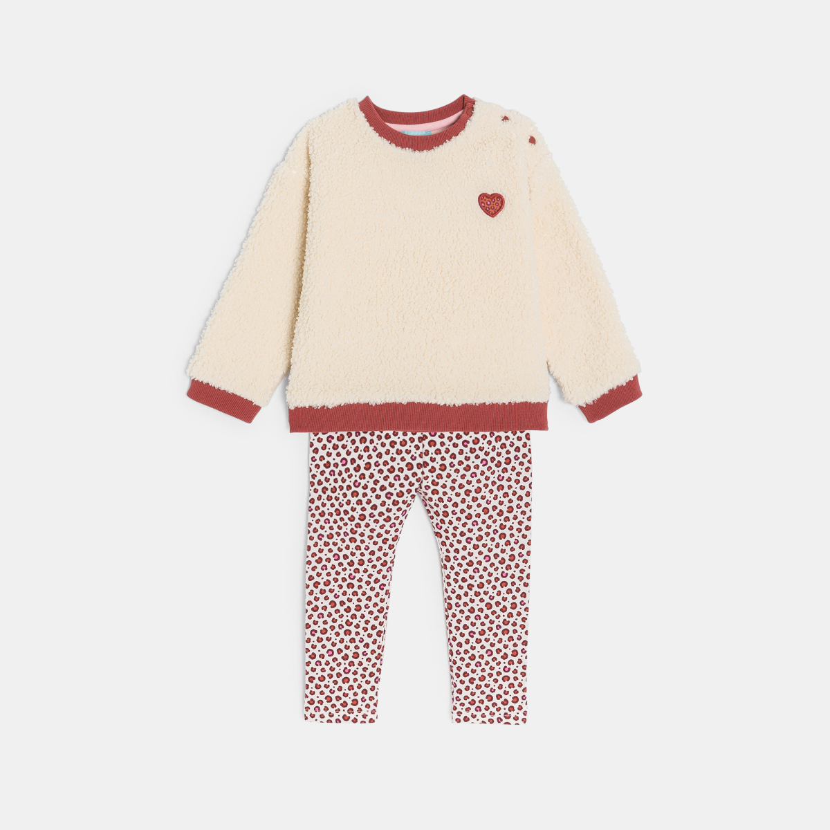 سويت شيرت بصوف الشيربا مع بنطلون (سروال) لاغينغ من الجيرسيه المطبوع وباللون البيج، للفتيات الصغار سويت شيرت بصوف الشيربا مع بنطلون (سروال) لاغينغ من الجيرسيه المطبوع وباللون البيج، للفتيات الصغار