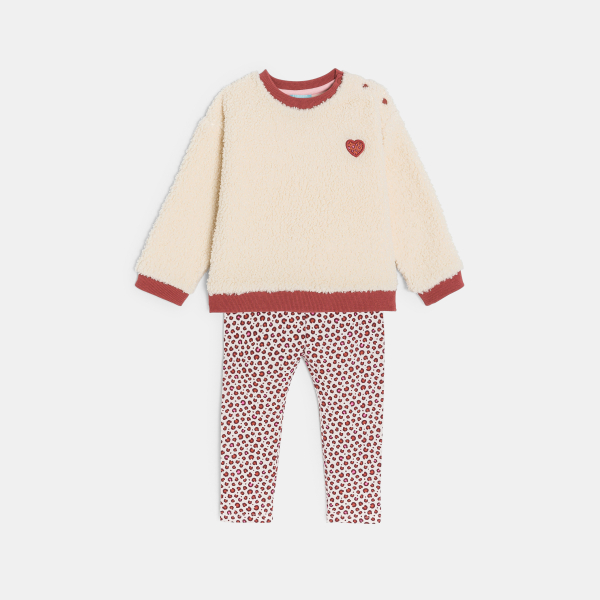 سويت شيرت بصوف الشيربا مع بنطلون (سروال) لاغينغ من الجيرسيه المطبوع وباللون البيج، للفتيات الصغار سويت شيرت بصوف الشيربا مع بنطلون (سروال) لاغينغ من الجيرسيه المطبوع وباللون البيج، للفتيات الصغار