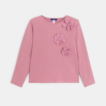 تيشيرت بأكمام طويلة، باللون الوردي، مُزيَّن بالزهور، للفتيات